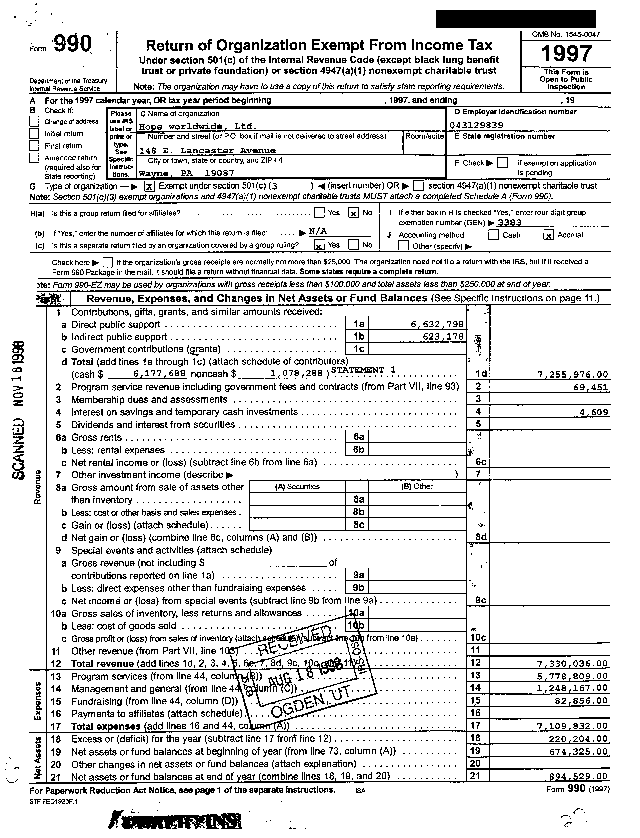 HOPE WW 1997 Tax Return, Page 1